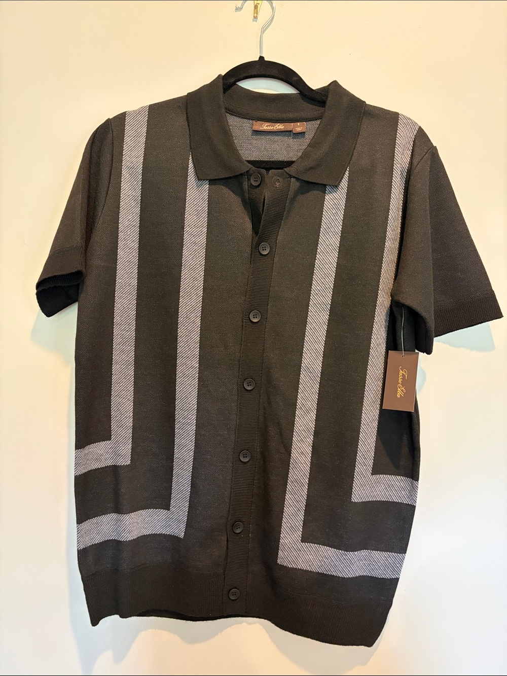 Tasso Elba Black Polo Shirt with Gray Geometric Stripes